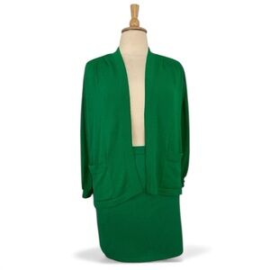St. John Green Knit Cardigan & Skirt Set Women’s 12 P Long Sleeve Knee Length
